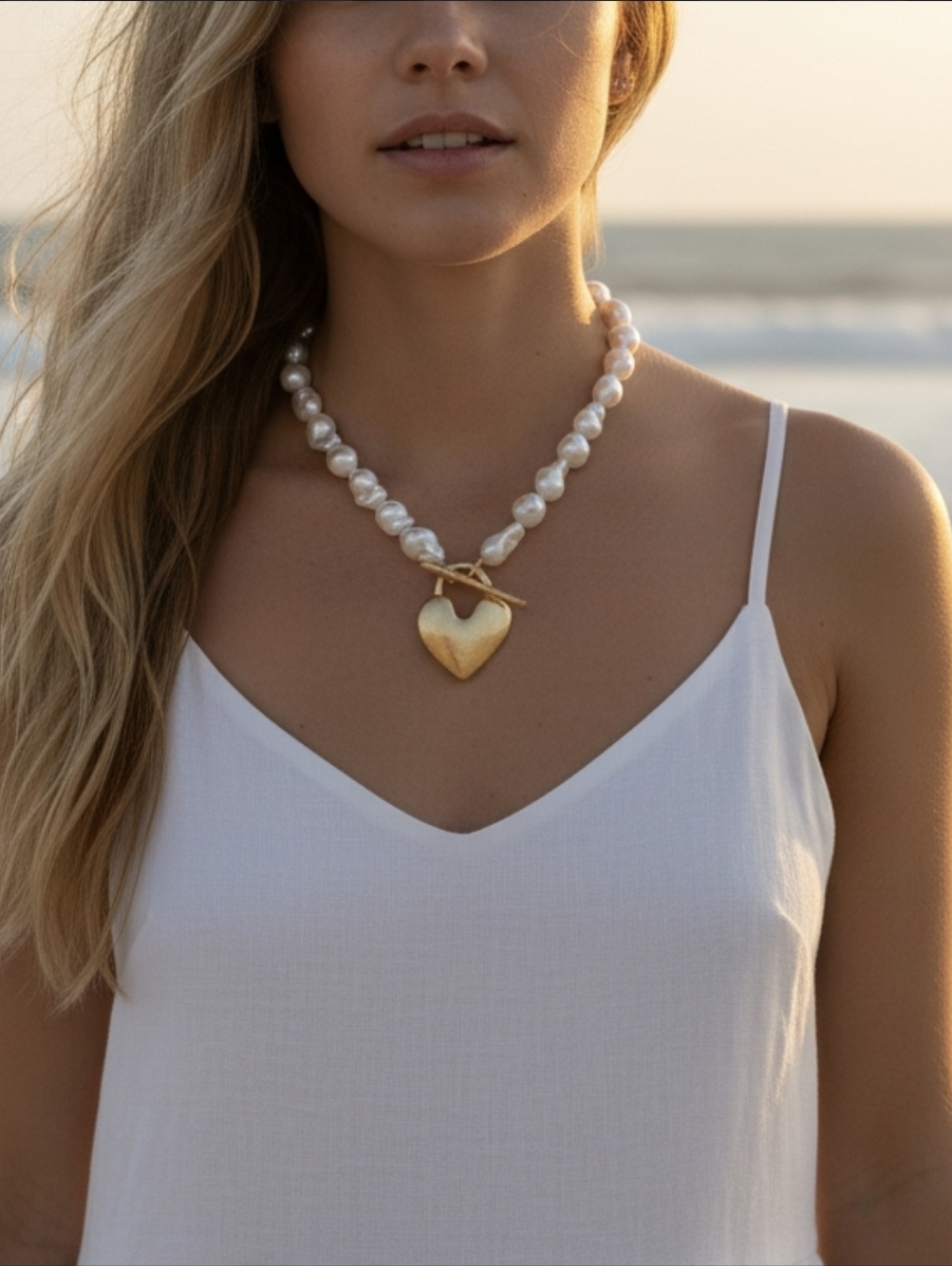 💛🔹️PIPER K🔹️  21" NECKLACE WITH PEARLS AND A HEART PENDANT IN MATTE GOLD